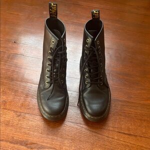 Dr. Martens Black Leather Lace-Up Ankle Boots with Yellow Stitching